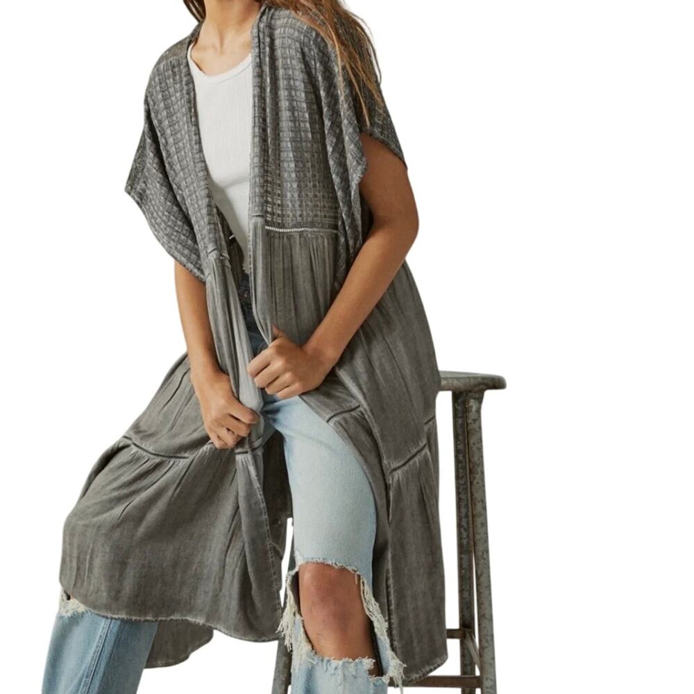 Lucky Brand Gray Textured Long Line Street Kimono One Size